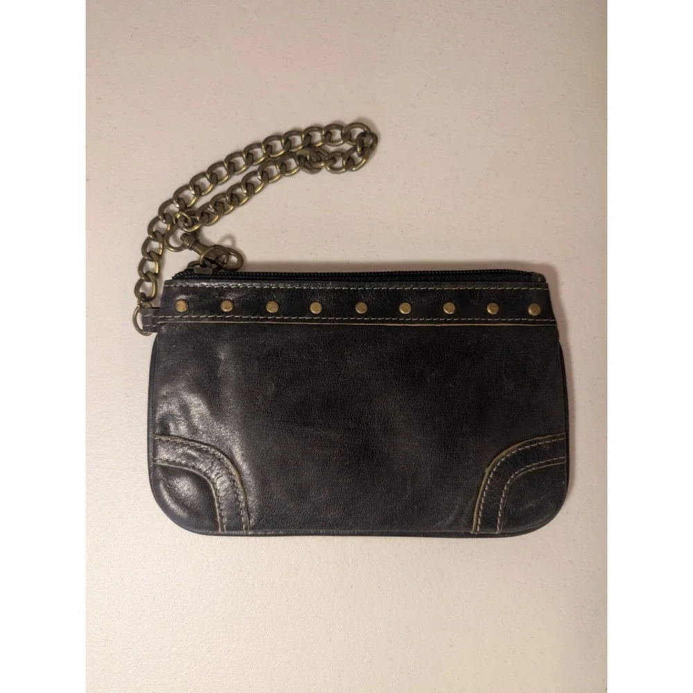 Black‎ Leather Studded Wristlet Purse Clutch Chain Strap Boho Vintage Look